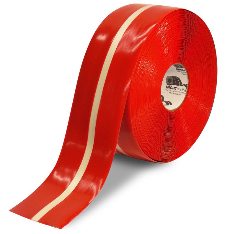 4" Red MightyGlow with Luminescent Center Line Safety Floor Tape - 100' Roll 4" Red MightyGlow with Luminescent Center Line Safety Tape - 100'