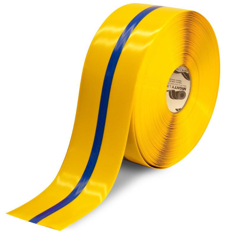 4" Yellow Tape with Blue Center Line - 100' Roll