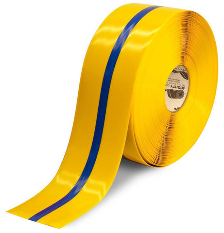 4" Yellow Tape with Blue Center Line - 100'  Roll 