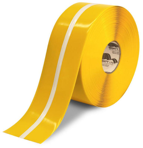 4" Yellow MightyGlow with Luminescent Center Line Safety Floor Tape- 100' Roll 4" Yellow MightyGlow with Luminescent Center Line Safety Tape