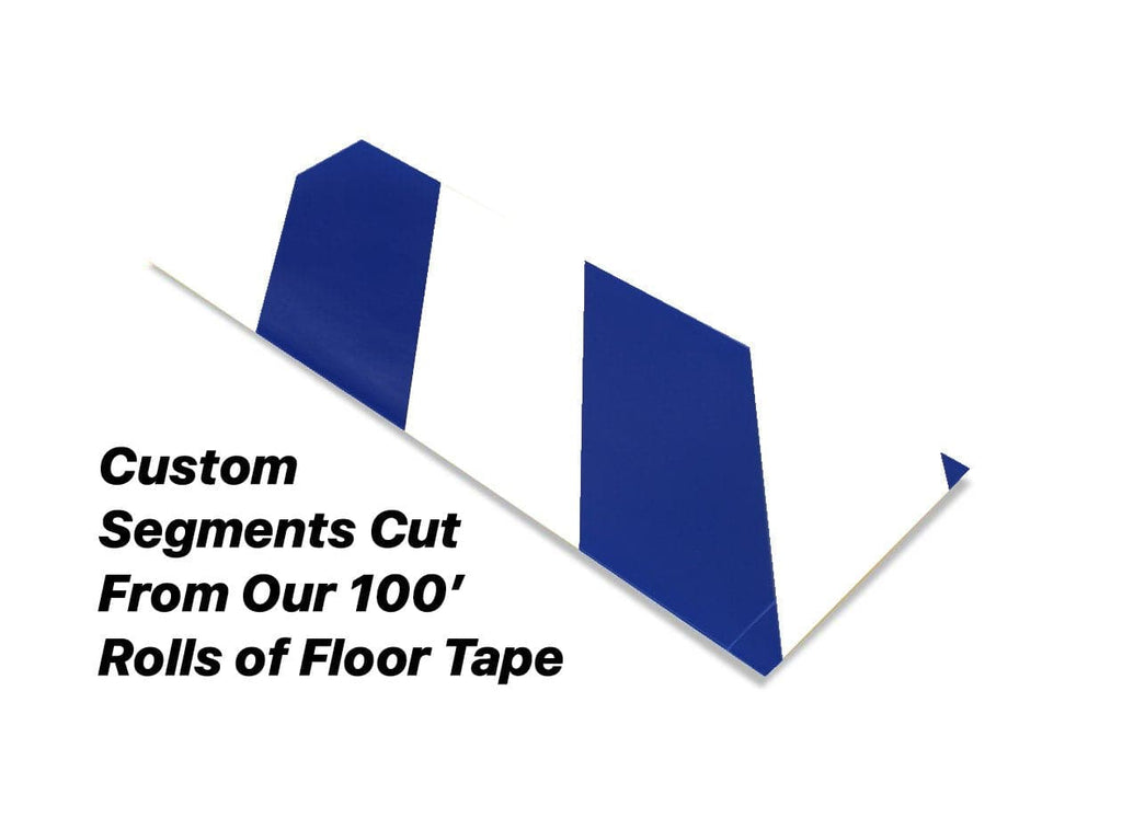 Custom Cut Segments - 6" White Tape with Blue Diagonals - 100' Roll 6" White and Blue Hazard Mighty Line Safety Floor Tape