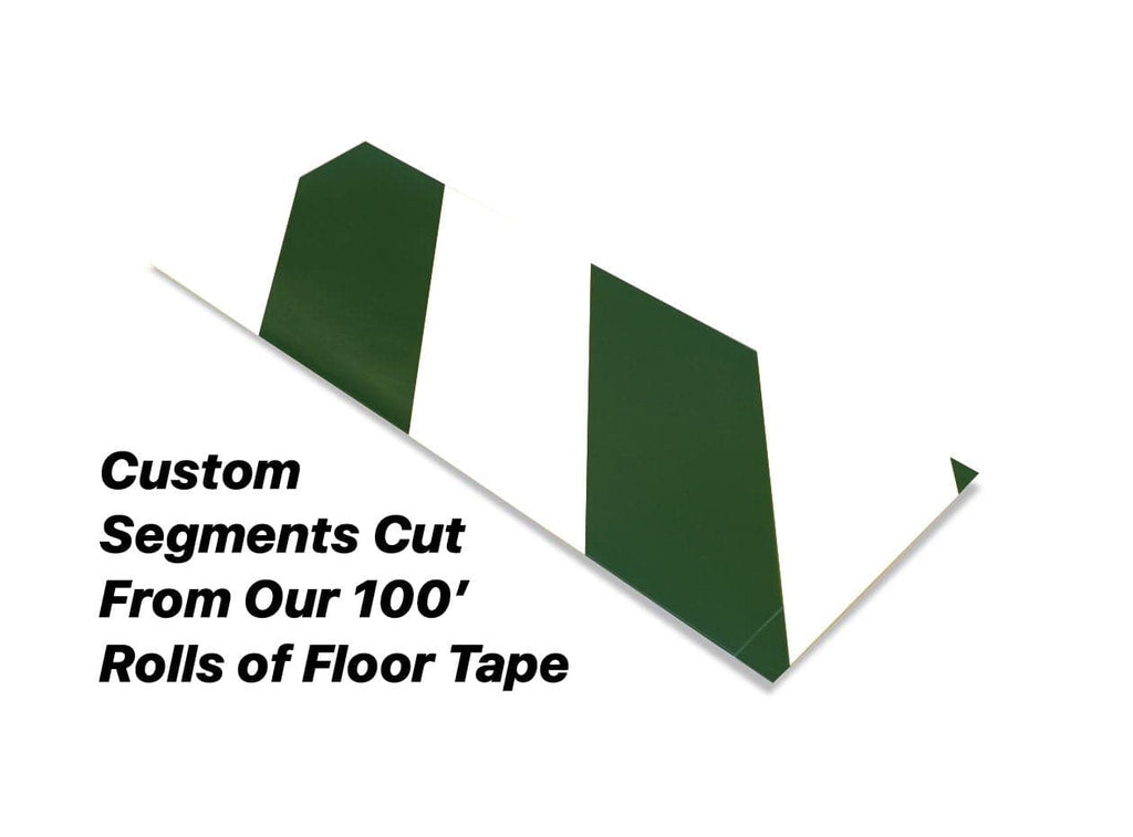 Custom Cut Segments - 4" White Tape with Green Diagonals - 100' Roll 4" White and Green Hazard Mighty Line Safety Floor Tape