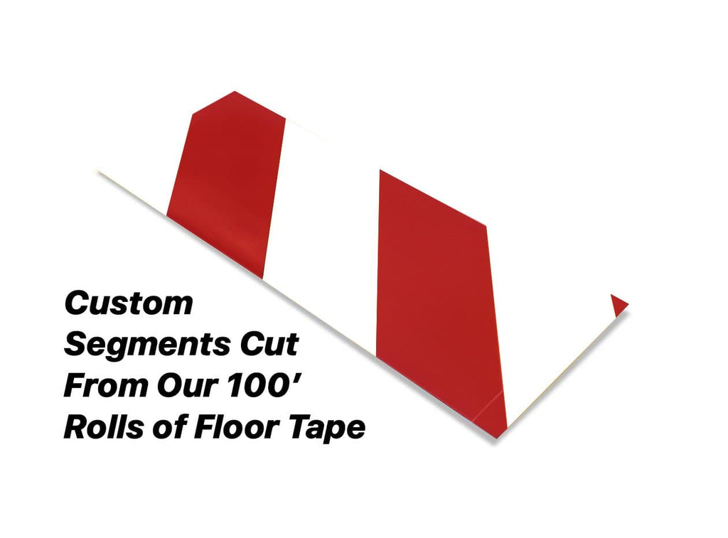 Custom Cut Segments - 6" White Tape with Red Diagonals - 100' Roll 6" White and Red Hazard Mighty Line Safety Floor Tape