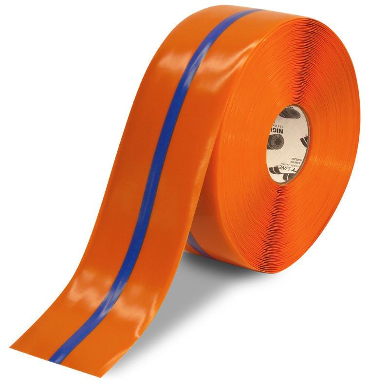 4" Orange Tape with Blue Center Line - 100'  Roll 