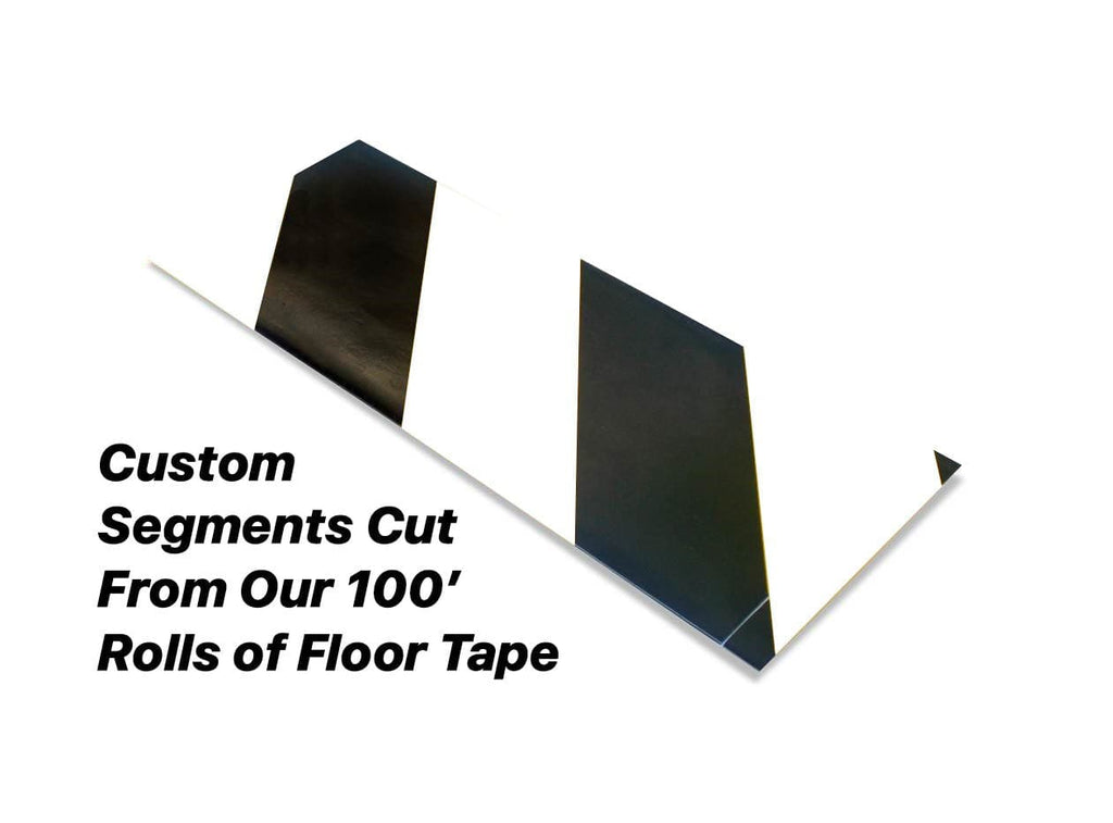 Custom Cut Segments - 6" White Tape with Black Diagonals - 100'  Roll 6" White and Black Hazard Mighty Line Safety Floor Tape