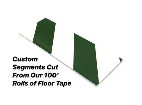 Custom Cut Segments - 6" White Tape with Green Diagonals - 100'  Roll 6" White and Green Hazard Mighty Line Safety Floor Tape