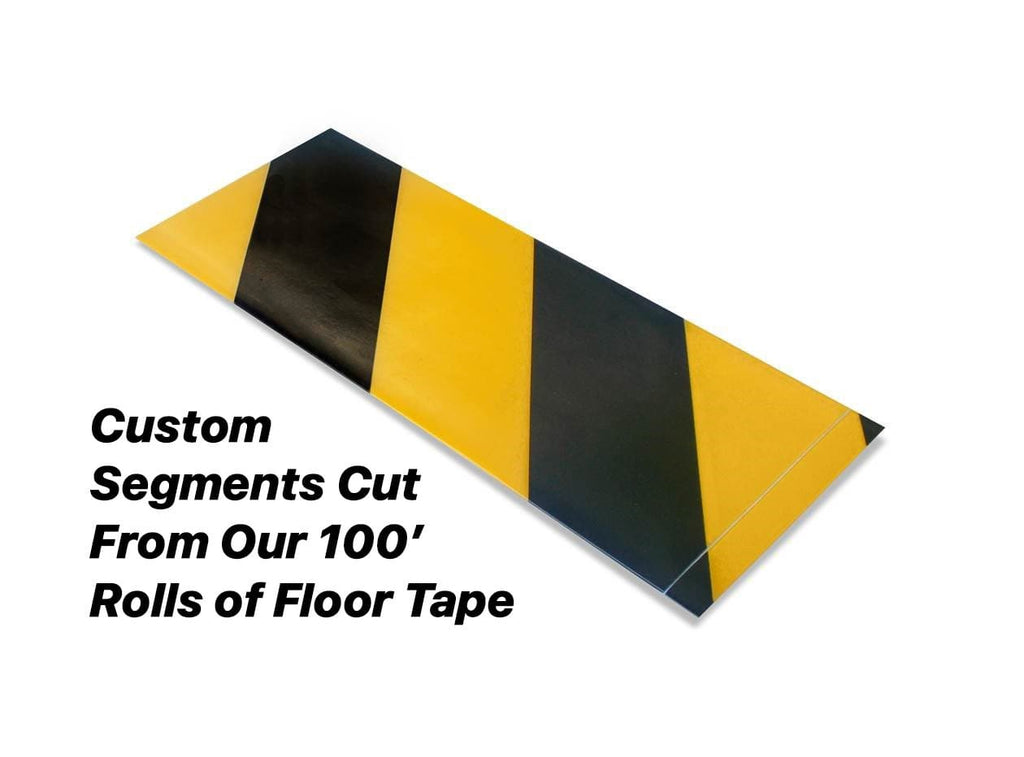 Custom Cut Segments - 4" Yellow Tape with Black Diagonals - 100'  Roll 4" Yellow and Black Hazard Mighty Line Safety Floor Tape
