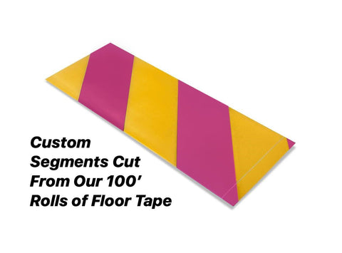 Custom Cut Segments - 4" Yellow Tape with Magenta Diagonals - 100'  Roll 4" Yellow and Magenta Hazard Mighty Line Safety Floor Tape